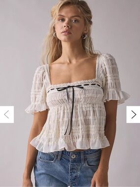 Kimchi Blue Cream Smocked Square-Neck Babydoll Blouse with Black Ribbon